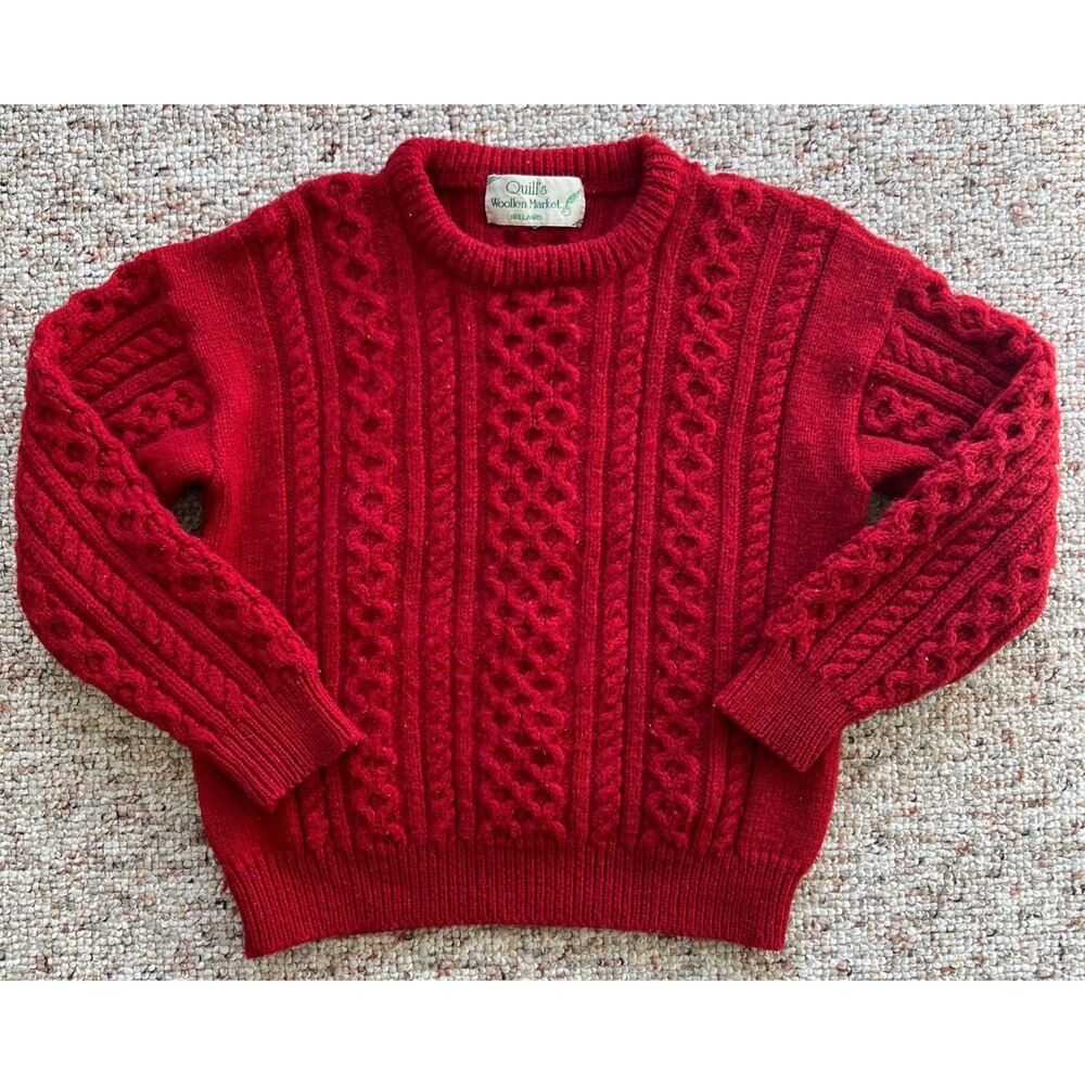 Quills Woollen Market Ireland 100% Wool Aran Cable Knit Kids Sweater Red Made in